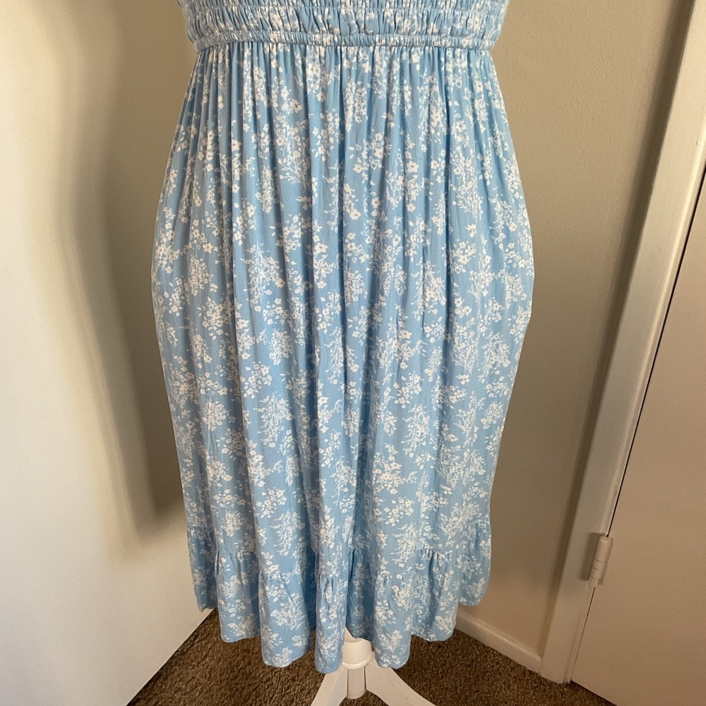 Light Blue Floral Midi Dress Small A-Line Summer Cottagecore Tie Strap Plaid - Picture 3 of 5